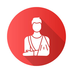 Orthopedic cast red flat design long shadow glyph icon. Fractured bone. Patient with broken arm. Medical procedure. Injury treatment. Accident help. Trauma aid. Vector silhouette illustration