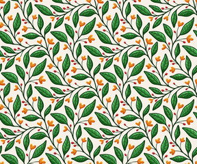 Garden floral vines and leaves seamless vector pattern, in orange and green on light background