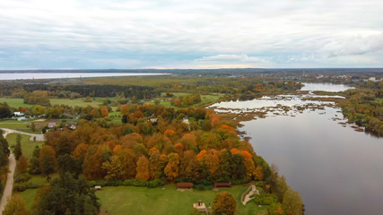 Doles Sala is  the Second Largest Island in Latvia. This is a Peninsula in the Daugava River, Near the Borders of Riga. Aerial Dron Shoot. Sunny Autumn Day.