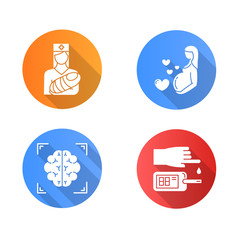 Medical procedure flat design long shadow glyph icons set. Pediatrics, pregnancy. Brain scan. Blood test. Healthcare aid. Motherhood. Nurse with baby. Neuroimaging, MRI. Vector silhouette illustration