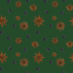 Dried star anise and berries green seamless pattern
