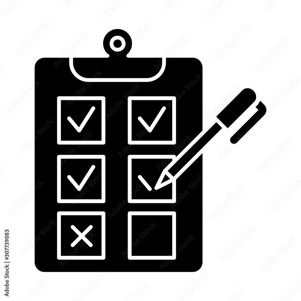 Poster written survey glyph icon. choosing option. tick checkbox. evaluation test. select answer. questionn