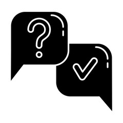 Question and answer glyph icon. FAQ sign. Question mark in speech bubble. Ask and answer. Chat, dialogue. Discussion and conversation. Silhouette symbol. Negative space. Vector isolated illustration