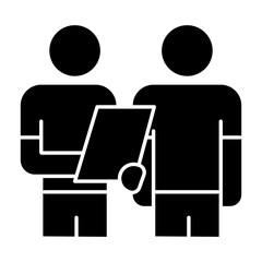 Oral survey glyph icon. Two people Interviewing. Question and answer. Teamwork. Dialogue and talk. Recruiter with employee. Silhouette symbol. Negative space. Vector isolated illustration