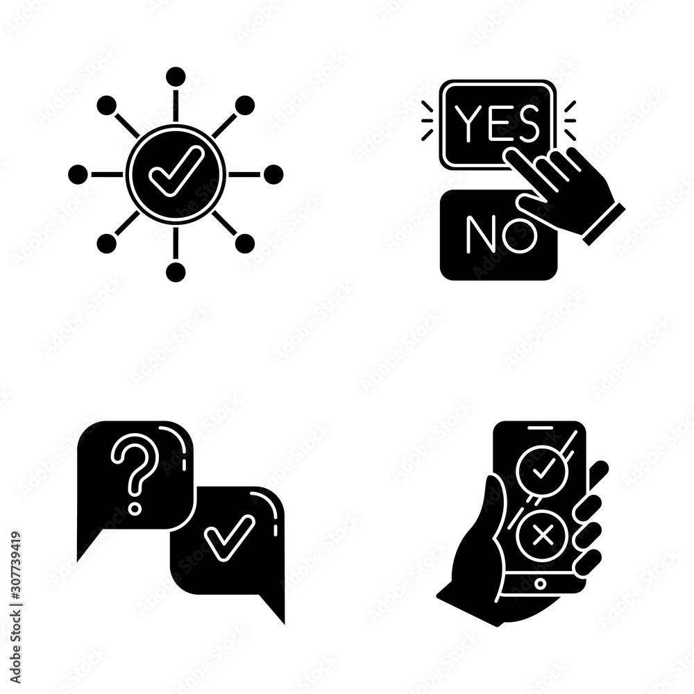 Poster survey glyph icons set. correct answer, approve option. yes, no button click. question and answer. f