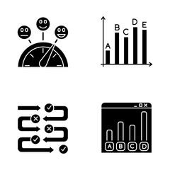 Survey glyph icons set. Satisfaction level. Evaluation scale. Statistics analysis. Questioning process. Correct and wrong. Online data collection. Silhouette symbols. Vector isolated illustration