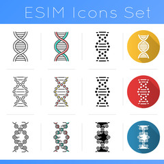 Fototapeta na wymiar DNA helix icons set. Deoxyribonucleic, nucleic acid structure. Spiraling strand. Chromosome. Molecular biology. Genetic code. Flat design, linear, black and color styles. Isolated vector illustrations