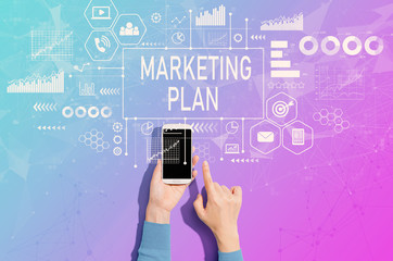 Marketing plan with person using a white smartphone