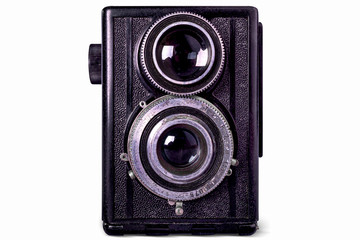 Old black camera on white background, isolated.