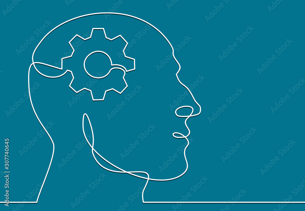 Poster head of a man with gears inside, drawn in one line on a white background. one-line drawing. continuo