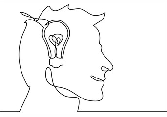 Continuous one line drawing light bulb symbol idea.The concept of thinking ideas inside the person's head