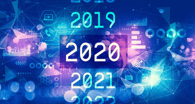 2020 New Year concept with technology blurred abstract light background