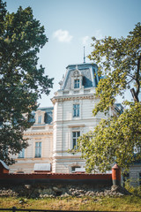 Backside of Potocki Palace in Lviv, Western Ukraine in summer sunlight day. Ancient architectural monument built in 1880. National Art Gallery 2019 year. Landmark of the Lvov city