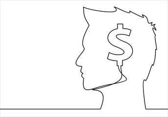 Head with dollar symbol -continuous line drawing