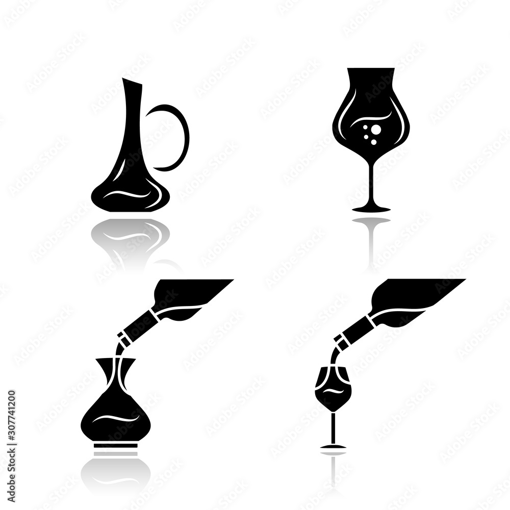 Wall mural Wine service drop shadow black glyph icons set. Alcohol beverage pouring in glass. Wineglasses, decanters. Different types of bar, restaurant aperitif drinks. Isolated vector illustrations