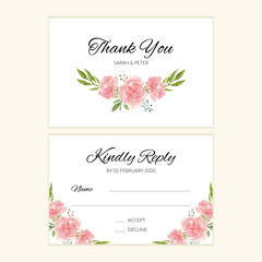 Wedding RSVP card template with watercolor pink flower bouquet