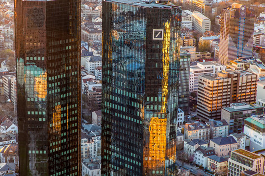 twint owers of deutsche bank in sunset, Frankfurt