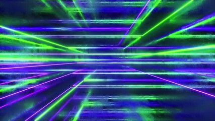 Abstract background, moving neon rays, luminous lines inside the metallic scratched room, fluorescent ultraviolet light, blue green violet spectrum, loop, seamless loop 3d render