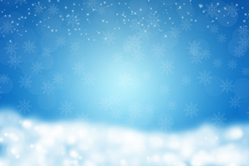 Blue pastel winter background with snow and snowflakes.