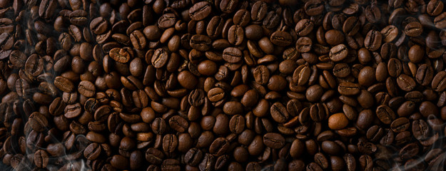 Coffee beans banner with smoke.