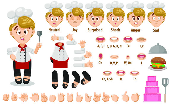 Cartoon Cook, Chef Woman Constructor For Animation. Parts Of Body: Legs, Arms, Face Emotions, Hands Gestures, Lips Sync. Full Length, Front, Three Quater View. Set Of Ready To Use Poses, Objects.