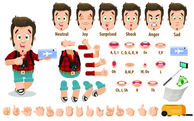 Cartoon tourist young man constructor for animation. Parts of body: legs, arms, face emotions, hands gestures, lips sync. Full length, front, three quarter view. Set of ready to use poses, objects.