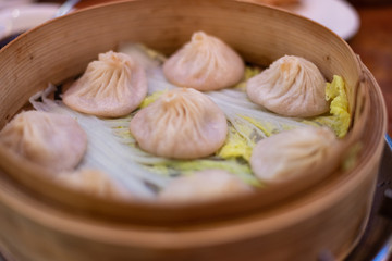 Soup dumplings or xiao long bao from Manhattan's Joe's Shanghai in Chinatown, New York City