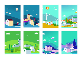 Vector set of urban landscapes backgrounds with buildings and trees -  for banners, greeting cards, posters and social media stories design templates. 
