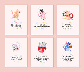 Collection of Merry Christmas cards with mice. Mouse characters with holiday lettering greetings, phrases, quotes, gift prints.