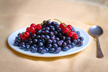 Fresh washed blueberries on table