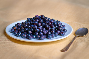 Fresh washed blueberries on table