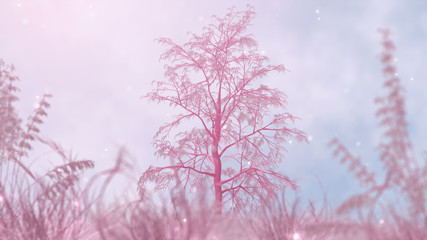 Fototapeta premium Pink tree and grass. Futuristic landscape. Abstract 3d render.