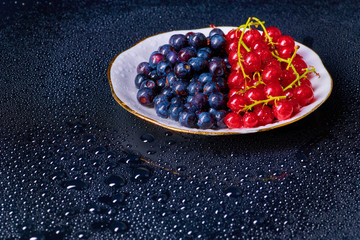 Fresh washed blueberries with drops of water on a background