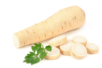 fresh parsley root with slices and parsley isolated on white background