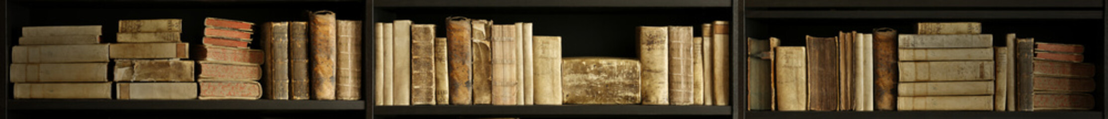 antique books on old wooden shelf.