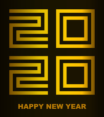 Happy New Year 2020 - greeting card, flyer, poster, invitation - square font outline, golden numbers - vector