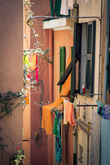 Laundry drying on the rope in Vernazza, Cinque Terre, Liguria, Italy
