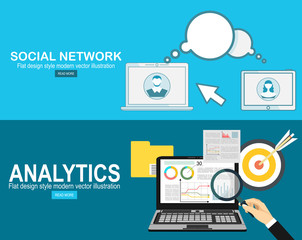 Social Network. Concept. Flat Design Illustration for Web Sites Infographic Design.Flat design concept of business big data analysis, global analytics, financial research report, marketing statistics.