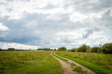 Fototapeta na wymiar road, field and cloudy sky
