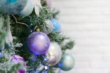 Decorated Christmas tree background with copy space