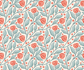 Rose flowers and leaves vines, seamless vector pattern, in apricot and blue on light background