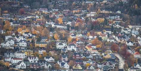 Wooden colorful houses and architecture of norwegian town.