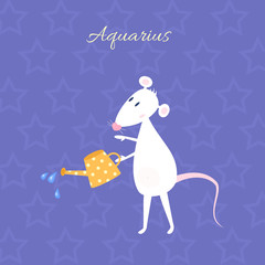 Funny and cute cartoon vector zodiac sign with rat. The Water-bearer (Aquarius). White mouse with heart shaped nose is bearing water from a can. Purple galaxy night background with star pattern.