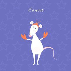 Funny and cute cartoon vector zodiac sign with rat. The Crab (Cancer). White mouse with heart shaped nose dressed as crab. Purple galaxy night background with star pattern.