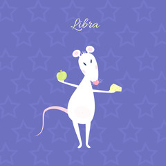 Funny and cute cartoon vector zodiac sign with rat. The Scales (Libra). White mouse with heart shaped nose is holding apple in a right hand and cheese in a left hand. Purple starry night background