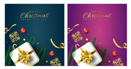 Fototapeta na wymiar Merry christmas and Happy New Year greeting card design with top view of stars, tree pines and gift box decoration on 2 different color background.