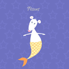 Funny and cute cartoon vector zodiac sign with rat. The Fish (Pisces). White mouse with heart shaped nose dressed in a fish (mermaid) tail. Purple galaxy night background with star pattern.