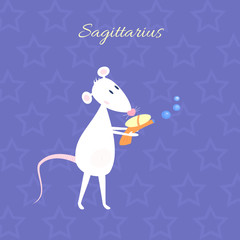 Funny and cute cartoon vector zodiac sign with rat. The Archer (Sagittarius). White mouse with heart shaped nose is playing with water gun. Purple galaxy night background with star pattern.