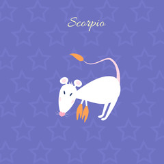 Funny and cute cartoon vector zodiac sign with rat. The Scorpion (Scorpio). White mouse with heart shaped nose dressed as scorpion. Purple galaxy night background with star pattern.