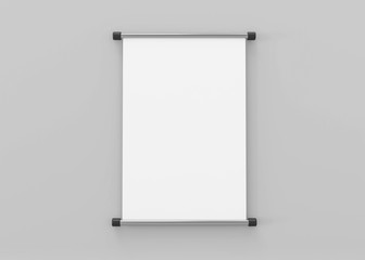 Roll up banner with paper canvas texture, isolated on grey background 3d illustration render